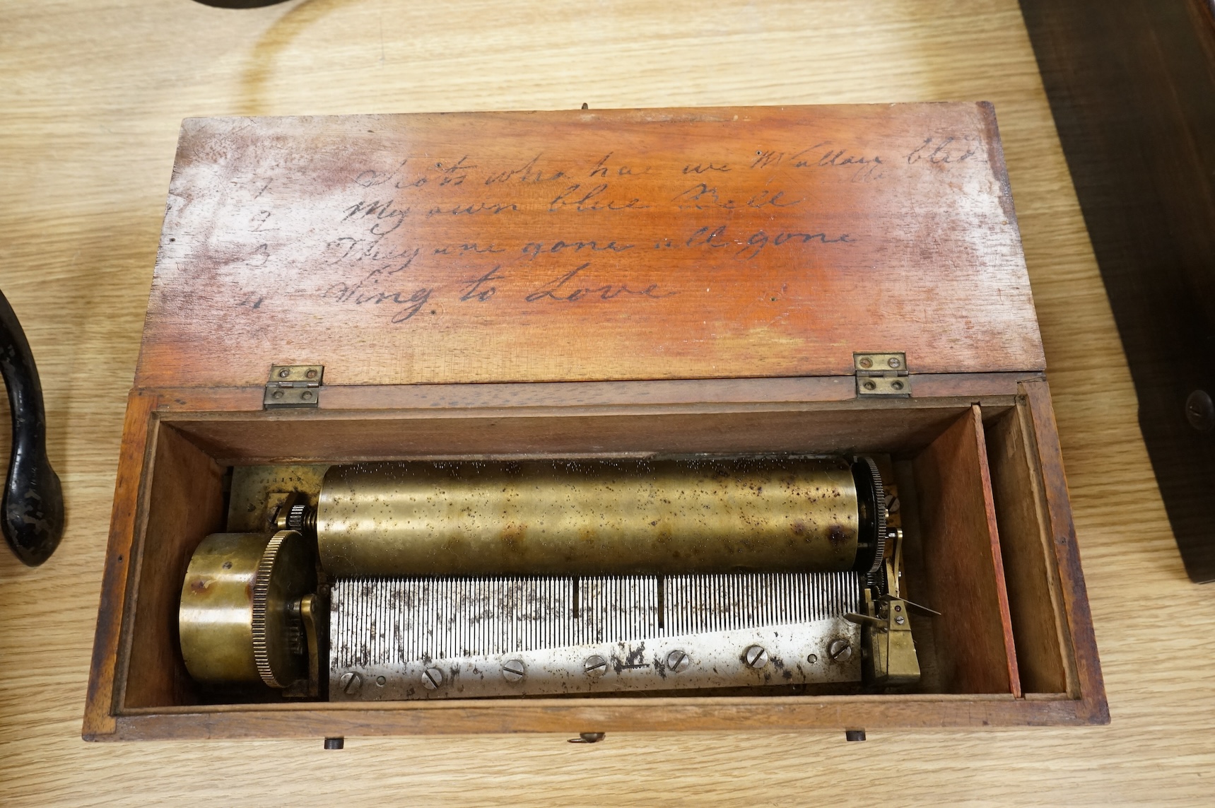 An early F. Nicole key-wound four-air Swiss cylinder box, number 14179, in mahogany case, cylinder length 19.5cm, case length 32cm.